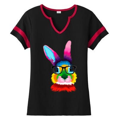 Cute Colorful Bunny Rabbit Head Glasses Happy Easter Day Gift Ladies Halftime Notch Neck Tee