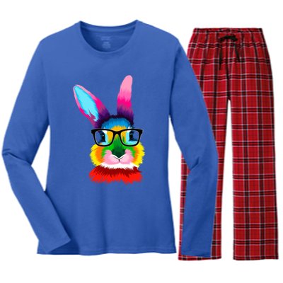 Cute Colorful Bunny Rabbit Head Glasses Happy Easter Day Gift Women's Long Sleeve Flannel Pajama Set 