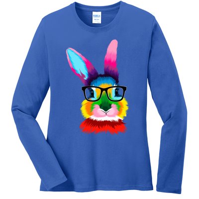 Cute Colorful Bunny Rabbit Head Glasses Happy Easter Day Gift Ladies Long Sleeve Shirt