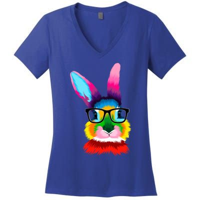 Cute Colorful Bunny Rabbit Head Glasses Happy Easter Day Gift Women's V-Neck T-Shirt