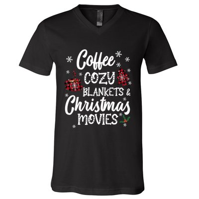 Coffee Cozy Blankets & Christmas Movies Red Plaid V-Neck T-Shirt