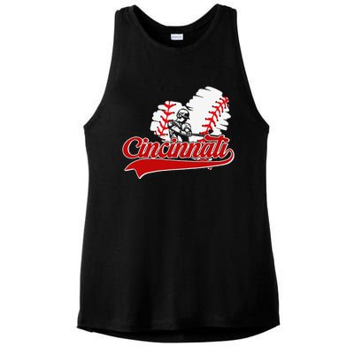 Cincinnati Cities Baseball Heart Baseball Fans Ladies PosiCharge Tri-Blend Wicking Tank