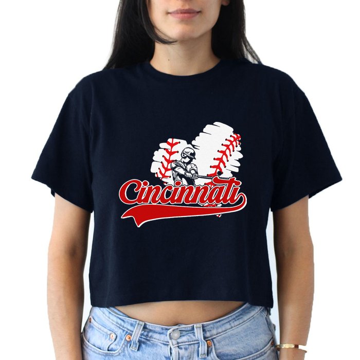 Cincinnati Cities Baseball Heart Baseball Fans Women's Crop Top Tee