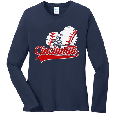 Cincinnati Cities Baseball Heart Baseball Fans Ladies Long Sleeve Shirt