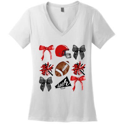 Cheer Coquette Bow American Football Autumn Thanksgiving Gift Women's V-Neck T-Shirt