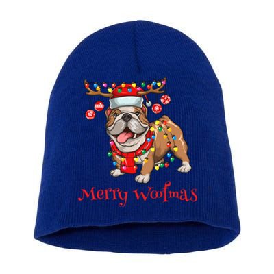 Christmas Cute Bulldog Dog Holiday Lights Merry Woofmas Gift Short Acrylic Beanie