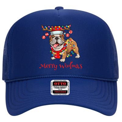 Christmas Cute Bulldog Dog Holiday Lights Merry Woofmas Gift High Crown Mesh Back Trucker Hat