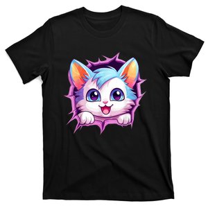 Cute Cat Breaking Through Colorful Kitten Graphic Funny T-Shirt