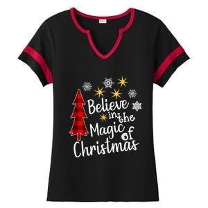 Cute Casual Believe In Magic Of Christmas Tree Buffalo Plaid Gift Ladies Halftime Notch Neck Tee