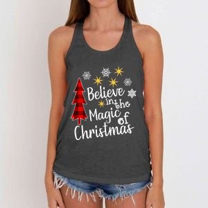 Cute Casual Believe In Magic Of Christmas Tree Buffalo Plaid Gift Women's Knotted Racerback Tank