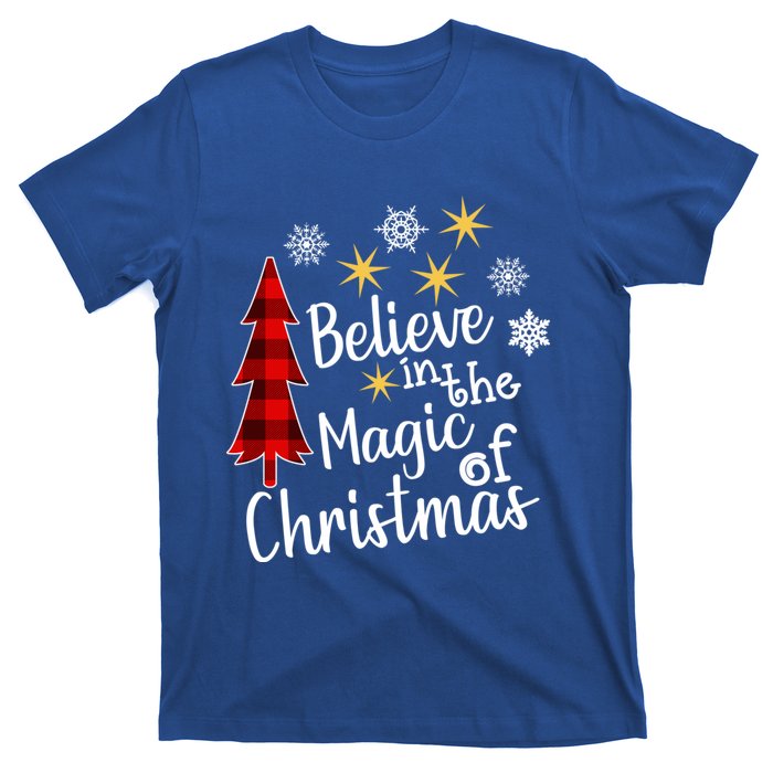 Cute Casual Believe In Magic Of Christmas Tree Buffalo Plaid Gift T-Shirt