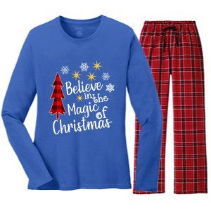 Cute Casual Believe In Magic Of Christmas Tree Buffalo Plaid Gift Women's Long Sleeve Flannel Pajama Set 