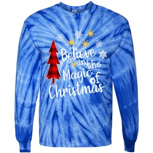 Cute Casual Believe In Magic Of Christmas Tree Buffalo Plaid Gift Tie-Dye Long Sleeve Shirt