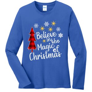 Cute Casual Believe In Magic Of Christmas Tree Buffalo Plaid Gift Ladies Long Sleeve Shirt