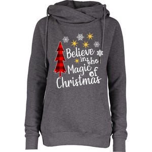 Cute Casual Believe In Magic Of Christmas Tree Buffalo Plaid Gift Womens Funnel Neck Pullover Hood