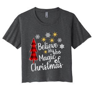 Cute Casual Believe In Magic Of Christmas Tree Buffalo Plaid Gift Women's Crop Top Tee