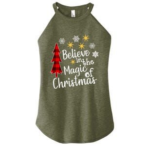 Cute Casual Believe In Magic Of Christmas Tree Buffalo Plaid Gift Women's Perfect Tri Rocker Tank