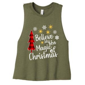 Cute Casual Believe In Magic Of Christmas Tree Buffalo Plaid Gift Women's Racerback Cropped Tank