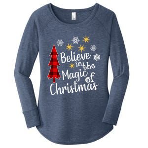 Cute Casual Believe In Magic Of Christmas Tree Buffalo Plaid Gift Women's Perfect Tri Tunic Long Sleeve Shirt