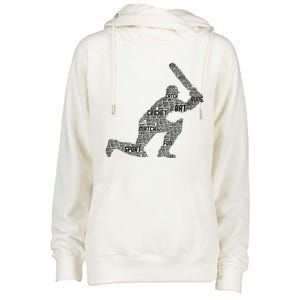 Cricketer Cricketing Bat And Ball Sport Retro Cricket Player Womens Funnel Neck Pullover Hood