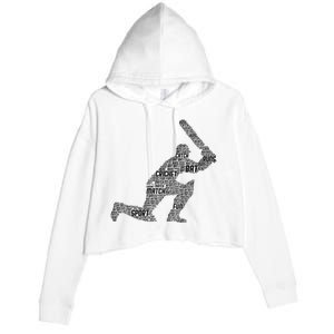 Cricketer Cricketing Bat And Ball Sport Retro Cricket Player Crop Fleece Hoodie