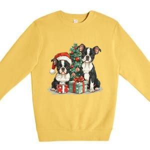 Cute Christmas Boston Terrier Dogs Santa Hat Christmas Tree Premium Crewneck Sweatshirt