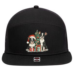 Cute Christmas Boston Terrier Dogs Santa Hat Christmas Tree 7 Panel Mesh Trucker Snapback Hat