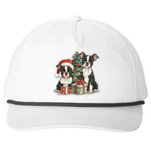 Cute Christmas Boston Terrier Dogs Santa Hat Christmas Tree Snapback Five-Panel Rope Hat