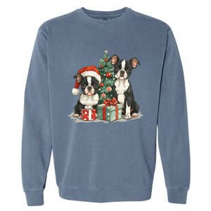 Cute Christmas Boston Terrier Dogs Santa Hat Christmas Tree Garment-Dyed Sweatshirt