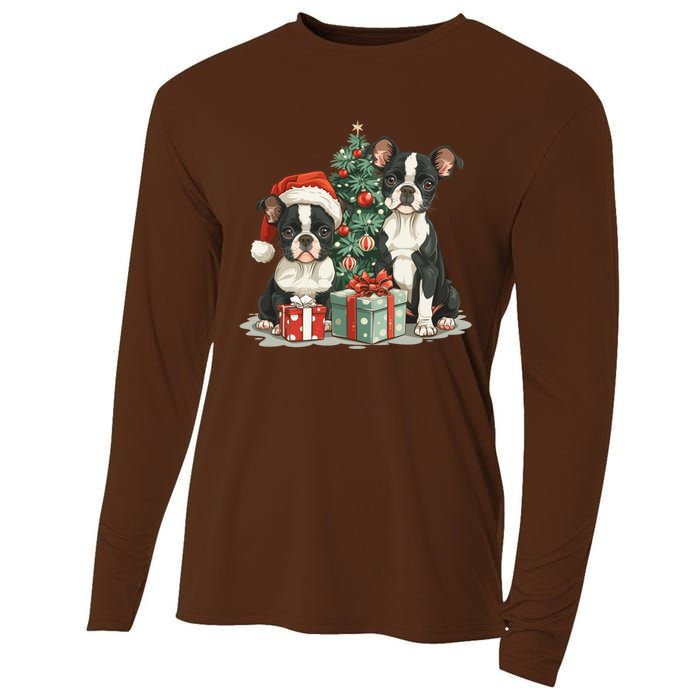 Cute Christmas Boston Terrier Dogs Santa Hat Christmas Tree Cooling Performance Long Sleeve Crew