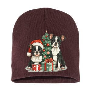 Cute Christmas Boston Terrier Dogs Santa Hat Christmas Tree Short Acrylic Beanie