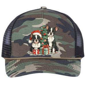 Cute Christmas Boston Terrier Dogs Santa Hat Christmas Tree Retro Rope Trucker Hat Cap