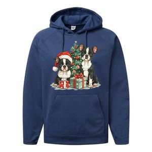 Cute Christmas Boston Terrier Dogs Santa Hat Christmas Tree Performance Fleece Hoodie