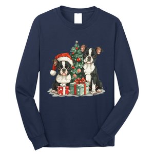 Cute Christmas Boston Terrier Dogs Santa Hat Christmas Tree Long Sleeve Shirt