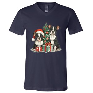 Cute Christmas Boston Terrier Dogs Santa Hat Christmas Tree V-Neck T-Shirt