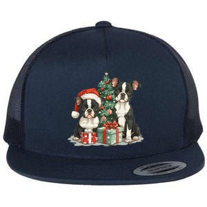 Cute Christmas Boston Terrier Dogs Santa Hat Christmas Tree Flat Bill Trucker Hat