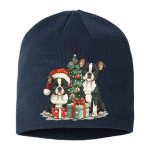 Cute Christmas Boston Terrier Dogs Santa Hat Christmas Tree Sustainable Beanie