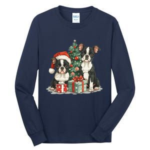 Cute Christmas Boston Terrier Dogs Santa Hat Christmas Tree Tall Long Sleeve T-Shirt