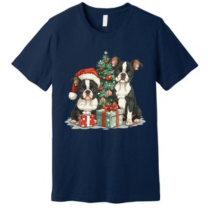 Cute Christmas Boston Terrier Dogs Santa Hat Christmas Tree Premium T-Shirt