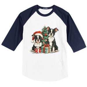 Cute Christmas Boston Terrier Dogs Santa Hat Christmas Tree Baseball Sleeve Shirt