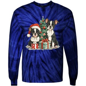 Cute Christmas Boston Terrier Dogs Santa Hat Christmas Tree Tie-Dye Long Sleeve Shirt