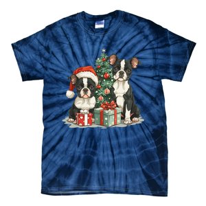 Cute Christmas Boston Terrier Dogs Santa Hat Christmas Tree Tie-Dye T-Shirt