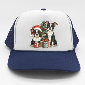 Cute Christmas Boston Terrier Dogs Santa Hat Christmas Tree Trucker Hat