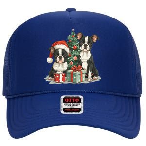 Cute Christmas Boston Terrier Dogs Santa Hat Christmas Tree High Crown Mesh Back Trucker Hat