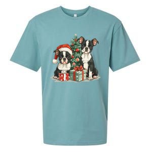 Cute Christmas Boston Terrier Dogs Santa Hat Christmas Tree Sueded Cloud Jersey T-Shirt