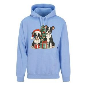 Cute Christmas Boston Terrier Dogs Santa Hat Christmas Tree Unisex Surf Hoodie