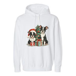 Cute Christmas Boston Terrier Dogs Santa Hat Christmas Tree Garment-Dyed Fleece Hoodie