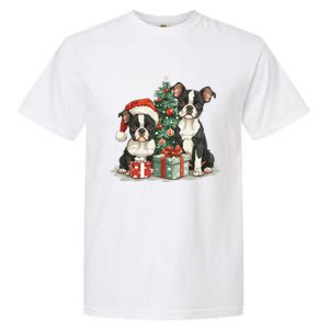 Cute Christmas Boston Terrier Dogs Santa Hat Christmas Tree Garment-Dyed Heavyweight T-Shirt