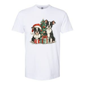 Cute Christmas Boston Terrier Dogs Santa Hat Christmas Tree Softstyle CVC T-Shirt