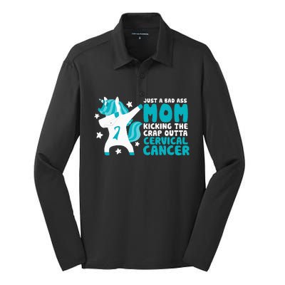 Cervical Cancer Bad Ass Mom Quote Dabbing Unicorn Funny Silk Touch Performance Long Sleeve Polo